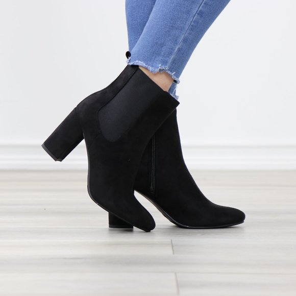 Black Suede Chelsea Block High Heel Above Ankle Boots - Picture 6 of 12